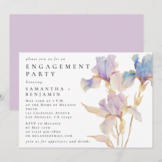 Invitación Elegante fiesta de compromiso floral Iris (Anverso / Reverso)