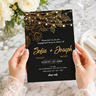 Invitación Elegante fiesta de compromiso floral negra y dorad