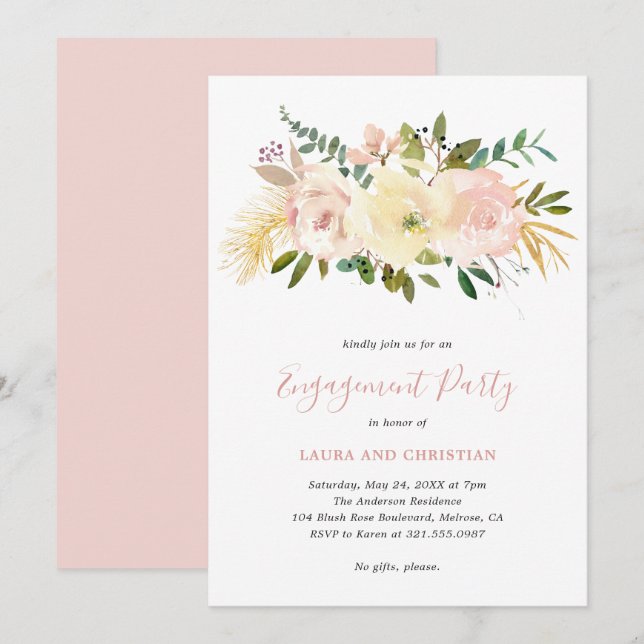 Invitación Elegante fiesta de compromiso floral rosa Rubor Go (Anverso / Reverso)