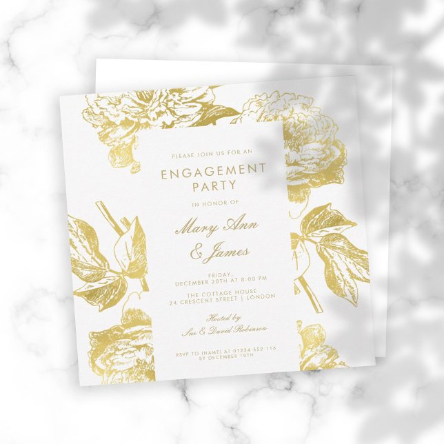 Invitación Elegante fiesta de compromiso floral simple de oro (Subido por el creador)