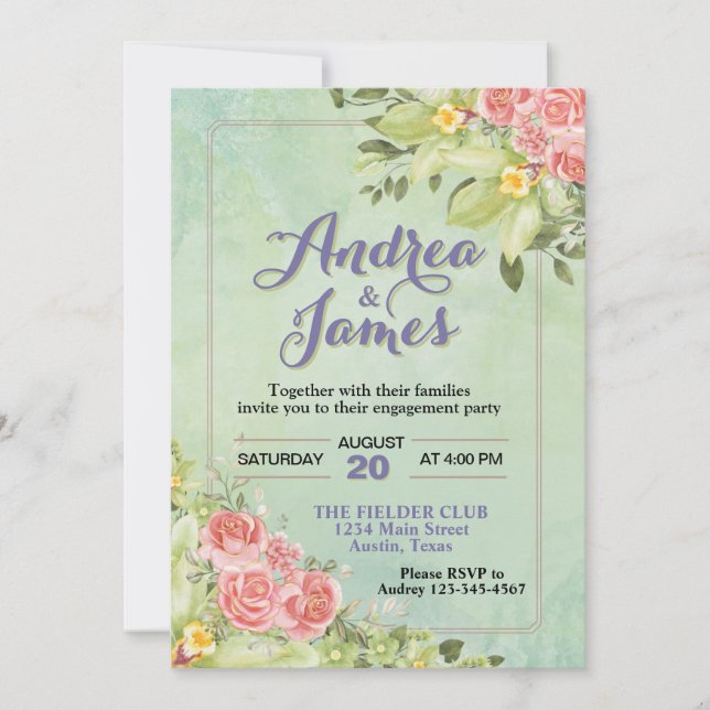 Invitación Elegante fiesta de compromiso floral verde pastel (Anverso)