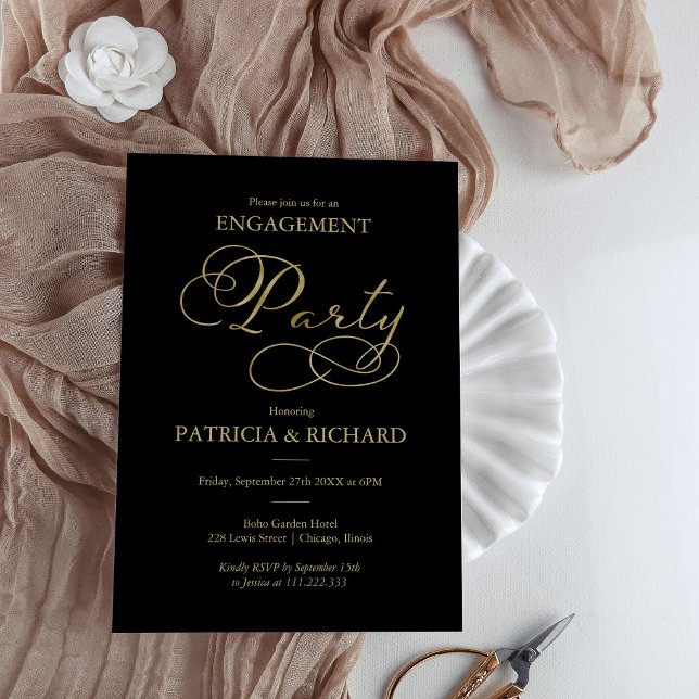 Invitación Elegante Fiesta de Compromiso Negro Oro Negro (Subido por el creador)