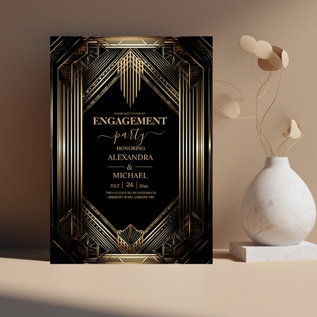 Invitación Elegante fiesta de compromiso negro y oro Art Deco (Subido por el creador)