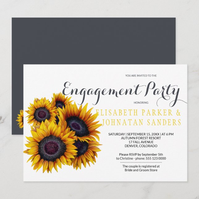 Invitación Elegante fiesta de compromiso otoño de girasoles a (Anverso / Reverso)