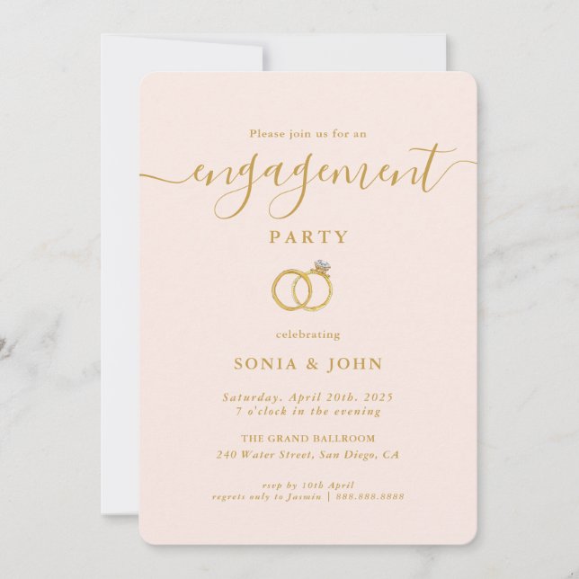 Invitación Elegante fiesta de compromiso rosa y dorado (Anverso)