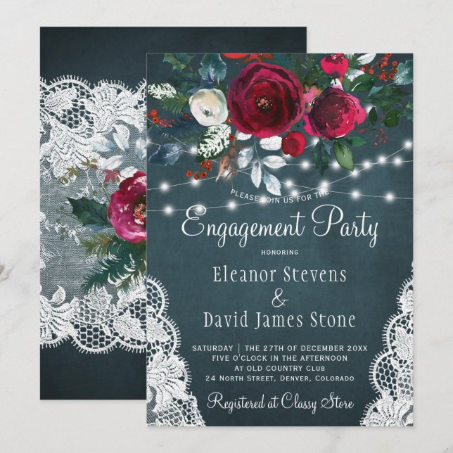 Invitación Elegante fiesta de compromiso rústico floral de in (Anverso / Reverso)