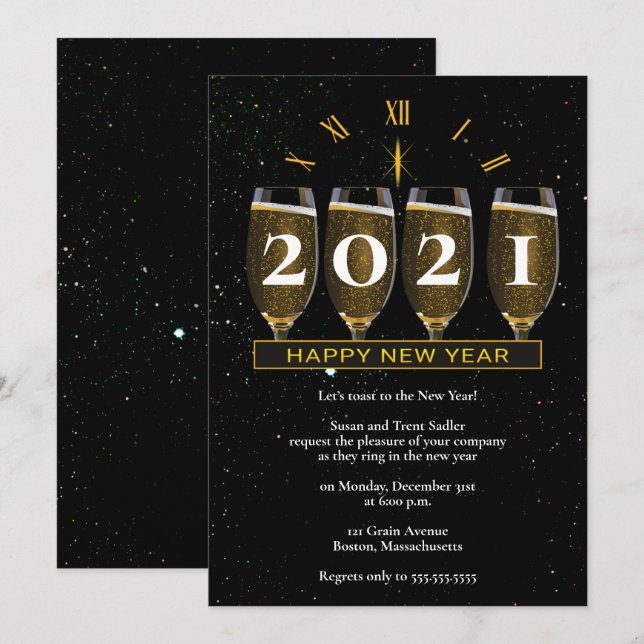 Invitación Elegante Fiesta de copas de champaña de Año Nuevo (Anverso / Reverso)