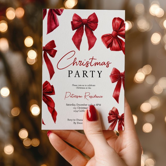 Invitación Elegante Fiesta de Coquette Roja Bows Navidades (Elegant Red Coquette Bows Christmas Party Invitation)