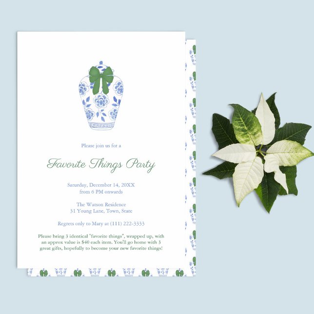 Invitación Elegante Fiesta de cosas favoritas de las vacacion (Elegant "Favorite Things" Christmas Holidays Party featuring blue & white ginger jar with green bow)