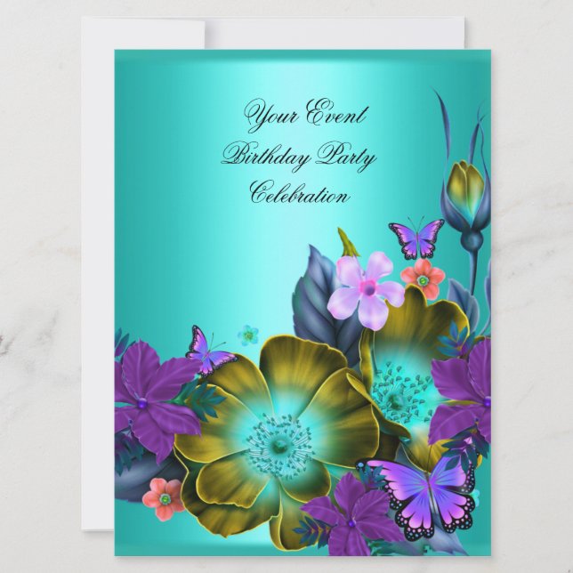Invitación Elegante Fiesta de Cualquier Evento Flores Teal Mo (Anverso)