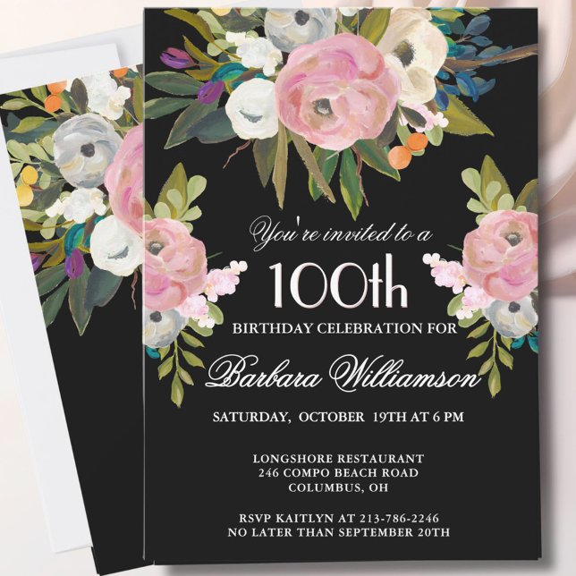 Invitación **Elegante Fiesta de Cumpleaños 100 con Flores Pin (Subido por el creador)