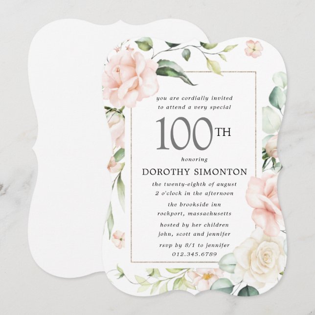 Invitación Elegante fiesta de cumpleaños 100 de Floral Rosa (Anverso / Reverso)