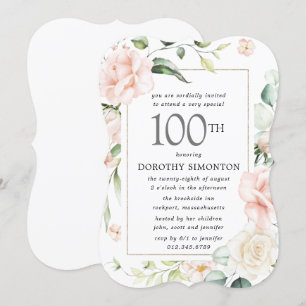 Invitación Elegante fiesta de cumpleaños 100 de Floral Rosa
