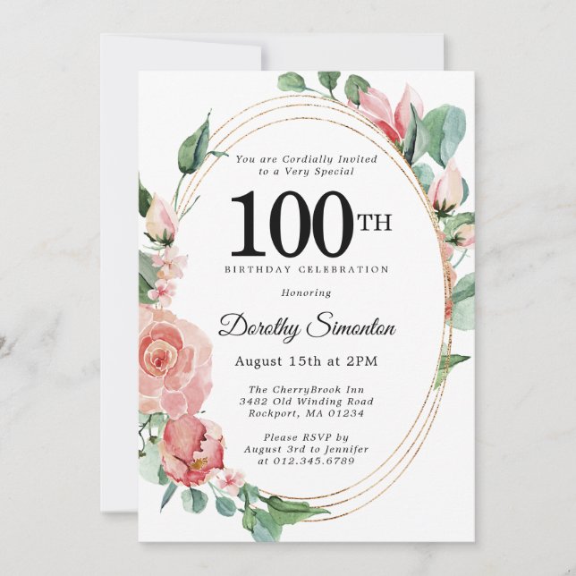 Invitación Elegante fiesta de cumpleaños 100 de Floral Rosa (Anverso)
