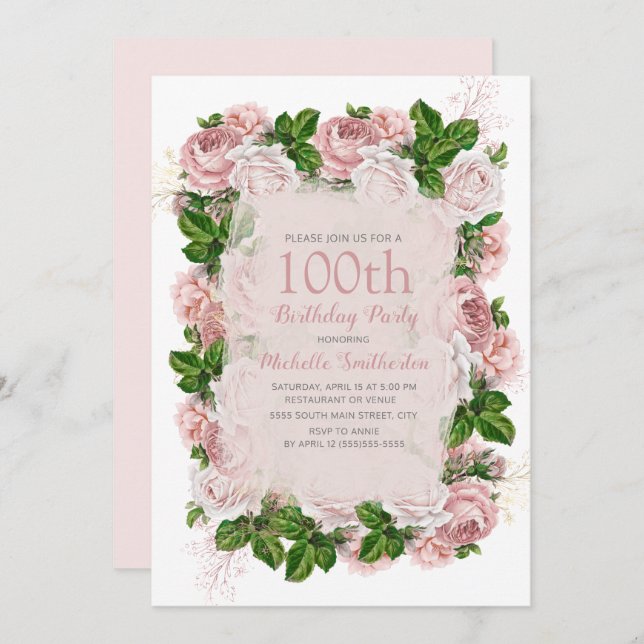 Invitación Elegante fiesta de cumpleaños 100 de la floral ros (Anverso / Reverso)
