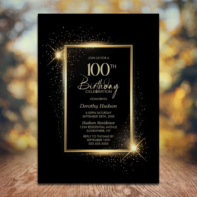 Invitación Elegante fiesta de cumpleaños 100 de negro y oro (Subido por el creador)