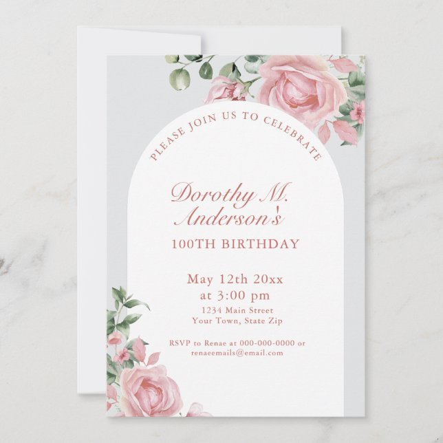 Invitación Elegante fiesta de cumpleaños 100 de Rubor Roses R (Anverso)