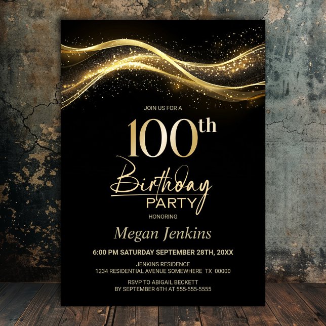 Invitación Elegante fiesta de cumpleaños 100 del oro negro (Subido por el creador)