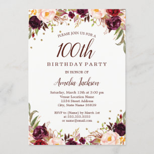 Invitación Elegante Fiesta de Cumpleaños 100 en Oro y Borgoña