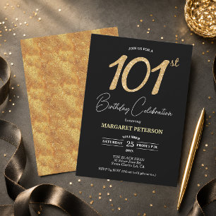 Invitación Elegante fiesta de cumpleaños 101 con brillo de or
