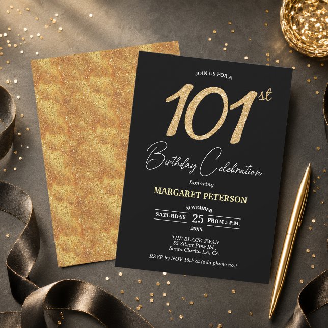 Invitación Elegante fiesta de cumpleaños 101 con brillo de or (Subido por el creador)