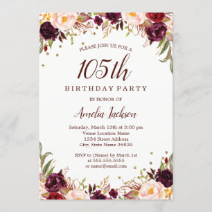 Invitación Elegante fiesta de cumpleaños 105 de Gold Burgundy