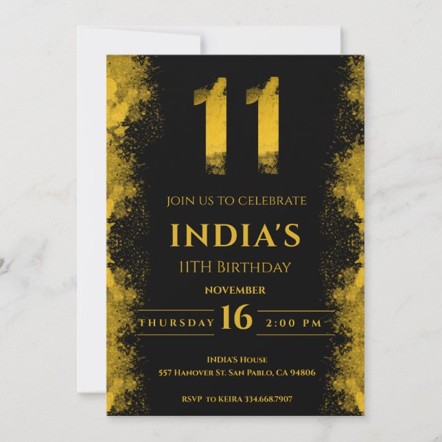 Invitación Elegante fiesta de cumpleaños 11º en negro y oro (Anverso)