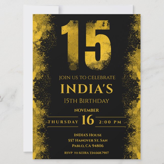 Invitación Elegante fiesta de cumpleaños 15º en negro y oro (Anverso)