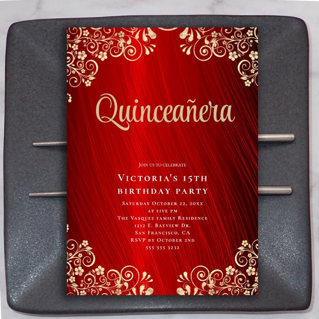 Invitación Elegante Fiesta de Cumpleaños 15 del Oro Rojo Quin (Subido por el creador)