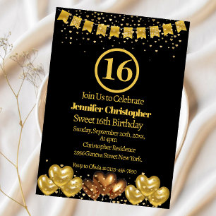 Invitación Elegante fiesta de cumpleaños 16 Black and gold Sw
