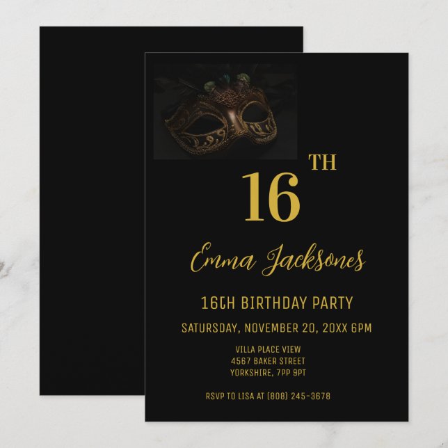 Invitación Elegante fiesta de cumpleaños 16 de oro negro de m (Anverso / Reverso)