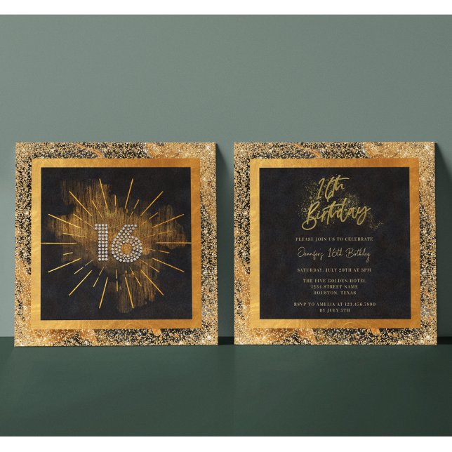 Invitación Elegante fiesta de cumpleaños 16 de Purpurina Negr (Subido por el creador)