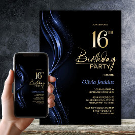 Invitación Elegante fiesta de cumpleaños 16 en negro y azul