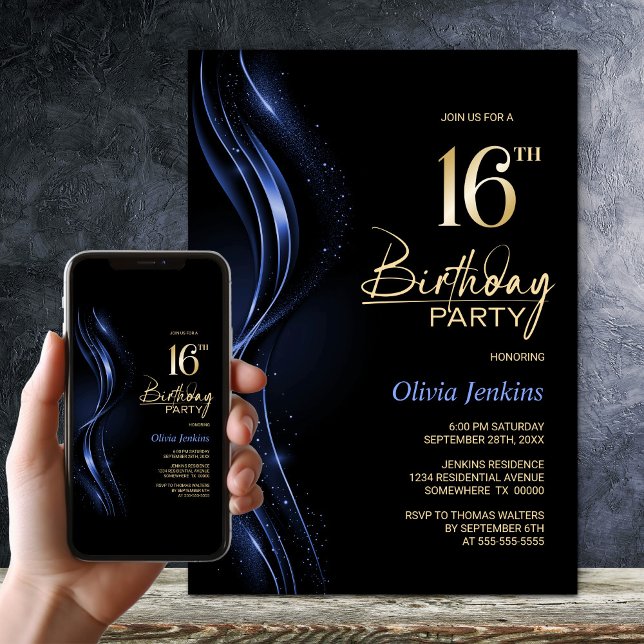 Invitación Elegante fiesta de cumpleaños 16 en negro y azul (Subido por el creador)