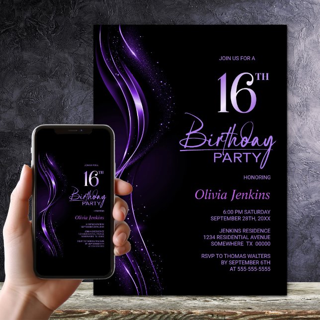 Invitación Elegante fiesta de cumpleaños 16 en negro y morado (Subido por el creador)
