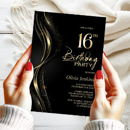 Invitación Elegante fiesta de cumpleaños 16 en negro y oro