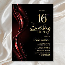 Invitación Elegante fiesta de cumpleaños 16 en negro y rojo