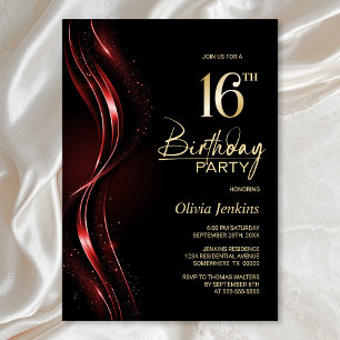 Invitación Elegante fiesta de cumpleaños 16 en negro y rojo