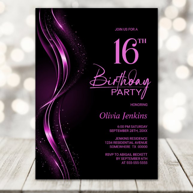 Invitación Elegante fiesta de cumpleaños 16 en negro y rosa (Subido por el creador)