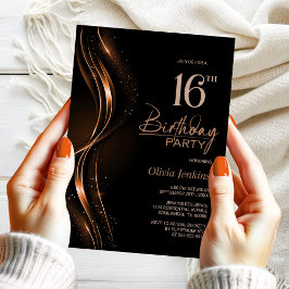 Invitación Elegante fiesta de cumpleaños 16 negro y Naranja