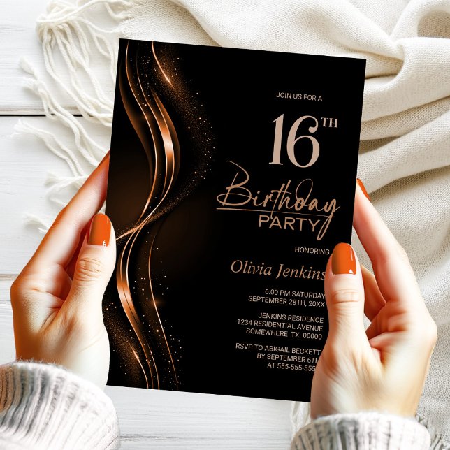 Invitación Elegante fiesta de cumpleaños 16 negro y Naranja (Subido por el creador)