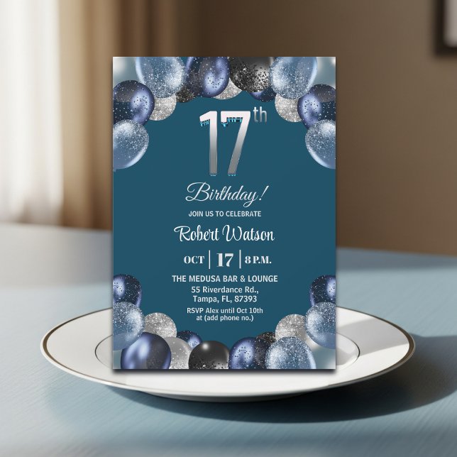 Invitación Elegante Fiesta de Cumpleaños 17 Azul con Brillo P (Subido por el creador)