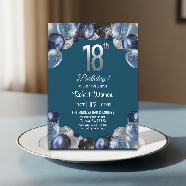 Invitación Elegante Fiesta de Cumpleaños 18 Azul con Brillo P (Subido por el creador)
