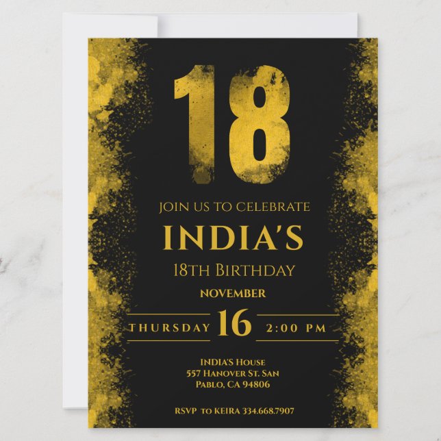 Invitación Elegante fiesta de cumpleaños 18 Black And Gold (Anverso)