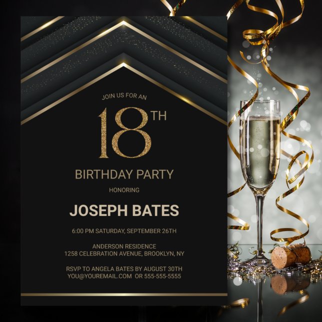 Invitación Elegante fiesta de cumpleaños 18 del oro negro (Subido por el creador)