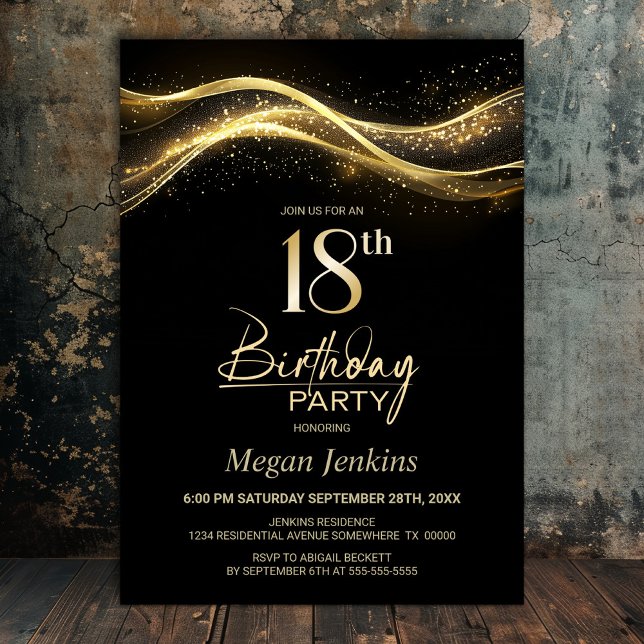 Invitación Elegante fiesta de cumpleaños 18 del oro negro (Subido por el creador)