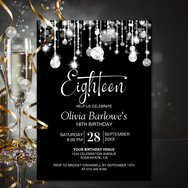 Invitación Elegante fiesta de cumpleaños 18 en blanco negro (Subido por el creador)