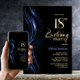 Invitación Elegante fiesta de cumpleaños 18 en negro y azul