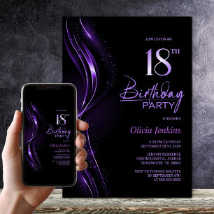 Invitación Elegante fiesta de cumpleaños 18 en negro y morado