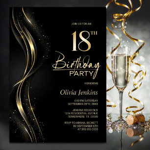 Invitación Elegante fiesta de cumpleaños 18 en negro y oro